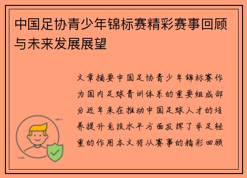 中国足协青少年锦标赛精彩赛事回顾与未来发展展望