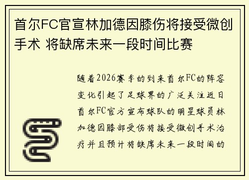 首尔FC官宣林加德因膝伤将接受微创手术 将缺席未来一段时间比赛