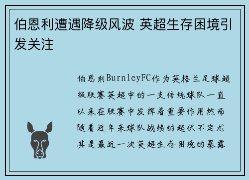 伯恩利遭遇降级风波 英超生存困境引发关注
